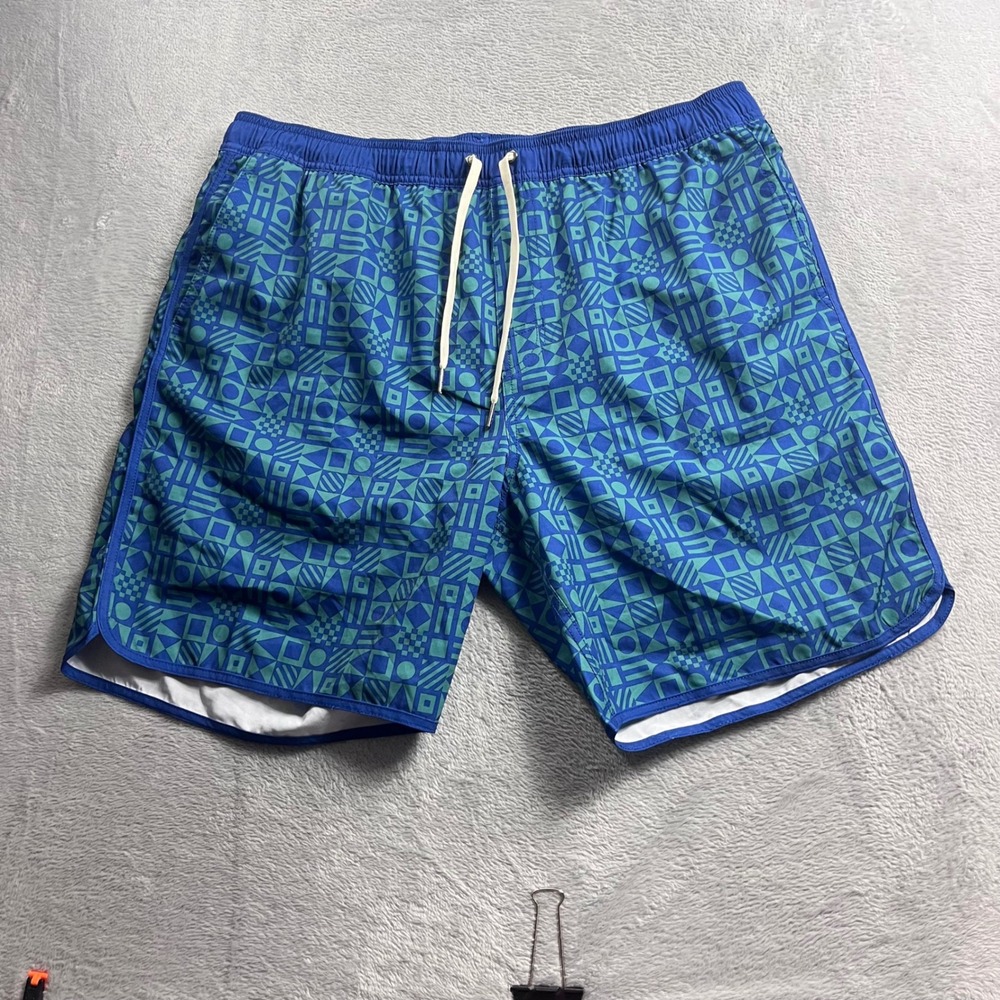 Fair Harbor Mens XXL Blue Green Geometric Nautical Swim Trunks Shorts Recycled